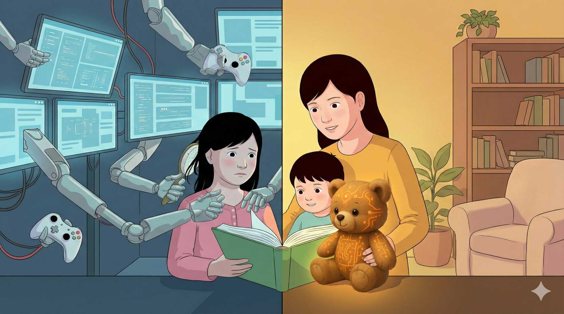 Child interacting with technology representing AI's impact on brain development