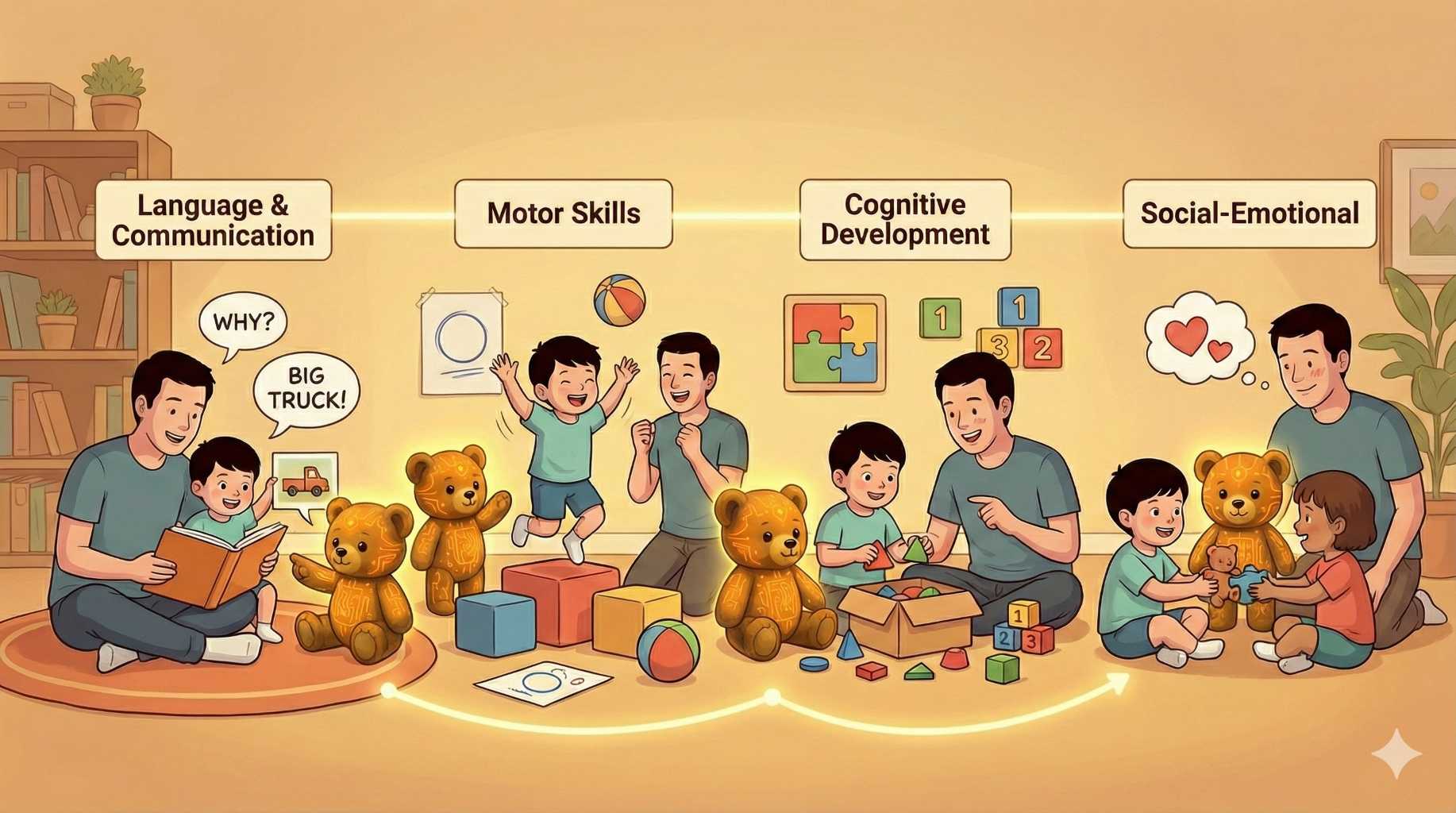 Developmental milestones chart showing ages 2 to 8 child development stages